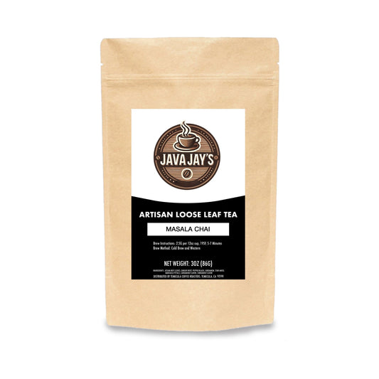 Java Jays artisan masala chai blend loose leaf tea in a resealable kraft paper pouch