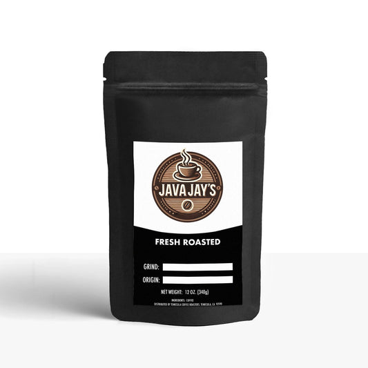 Black bag of fresh roasted Latin American coffee from My Store with Java Jay's logo