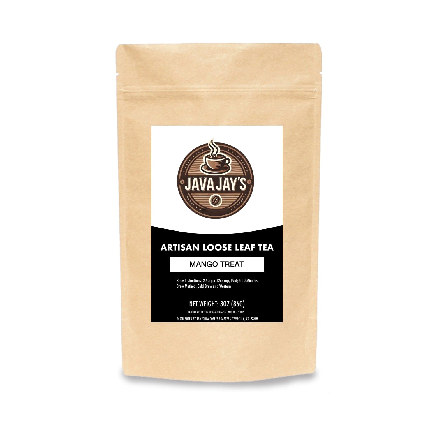 Java Jay's artisan mango tea blend loose leaf tea pouch with natural kraft packaging