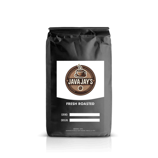 Black bag of Java Jay's fresh roasted caramel coffee with label and grind origin details
